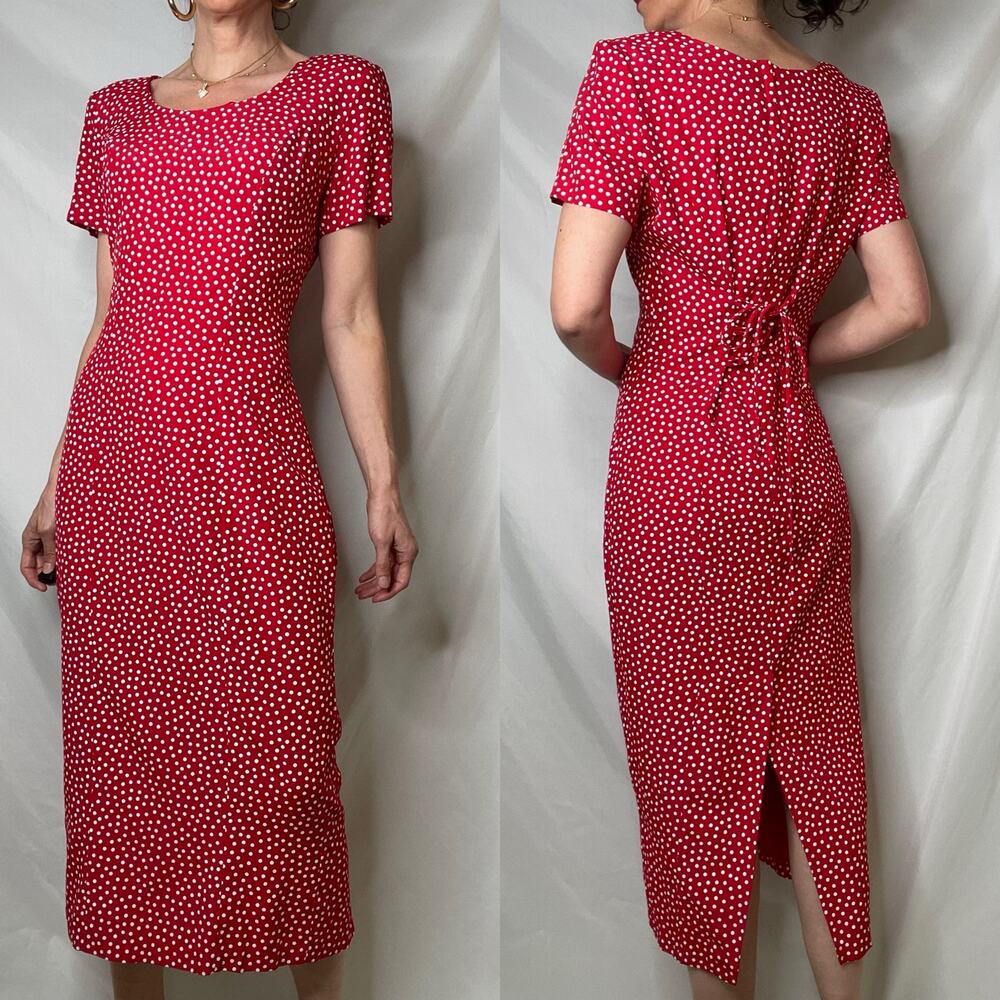 SOLD Vintage 90s red polka dot print midi maxi dress corset tie back Paris chic - Picture 13 of 16